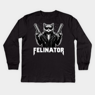 Felinator, cat terminator funny graphic t-shirt for sci-fi cyborg fans, cat lovers and gun enthusiasts. Kids Long Sleeve T-Shirt